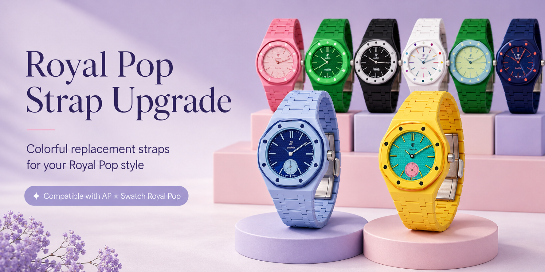 Royal Pop Strap Upgrade พร้อมชุดสายหลากสีสำหรับ AP x Swatch Royal Pop