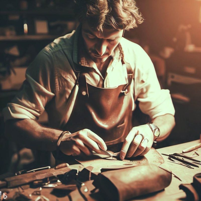 Leather Craft man is working on a leather watch strap