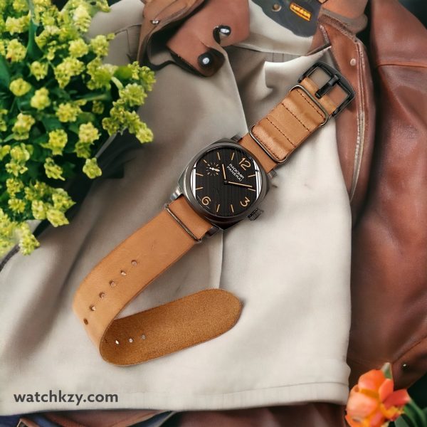 Gunny Nato Light Tan 26mm with PAM 532 on cream canvas and brown leather jacket